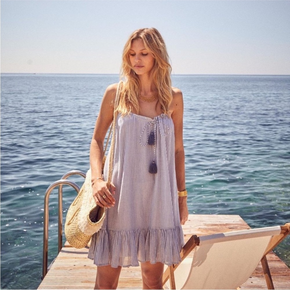 Sezane Naxos Sundress Mini Dress Blue White Striped Tassel Tie Adjustable Size 4